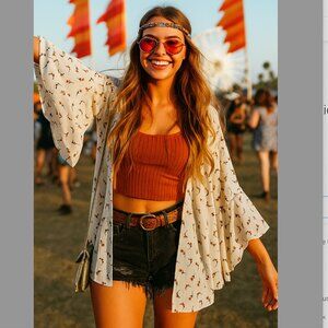 Boho Festival Kimono Duster Open Front Hippie Bohemian Bell Sleeve Tunic Top